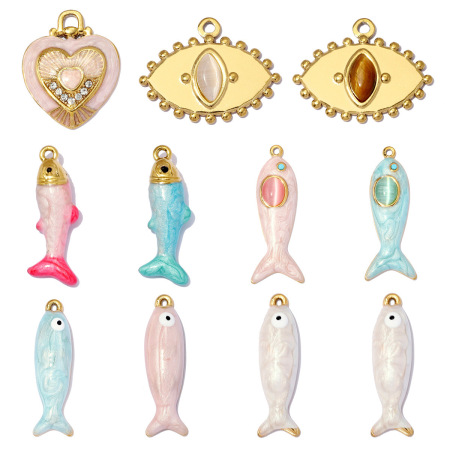 Pendentif femme en acier inoxydable, couleur or, en forme de poisson, émaillé, étanche, avec pierre artificielle et pierre naturelle.