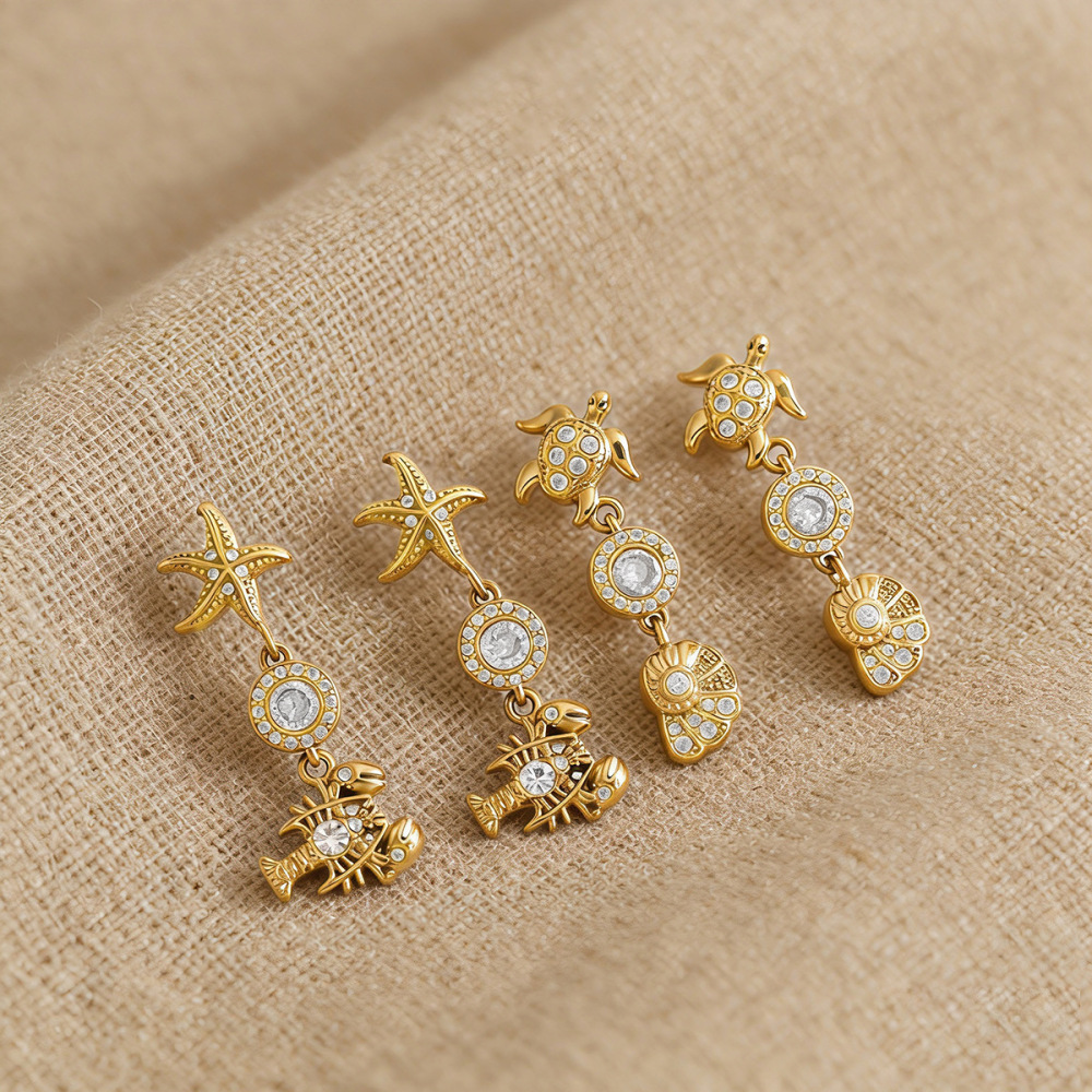 Boucles D'Oreilles Pendantes Pour Femme, Style Océanique, En Acier Inoxydable Étanche Avec Zircon. Image3