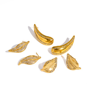 Boucles D'Oreilles Puces Pour Femmes En Acier Inoxydable Doré, Imperméables, En Forme De Feuille Et Ornées De Strass, En Forme De Goutte. h5 Image4