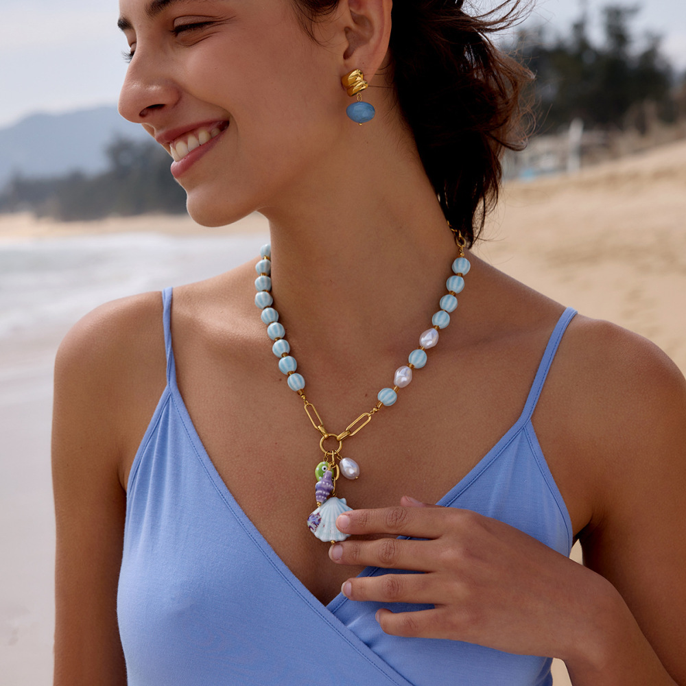 Colliers De Perles En Céramique Pour Femmes, En Acier Inoxydable, Couleur Or, Motif Coquillages De Vacances Image4