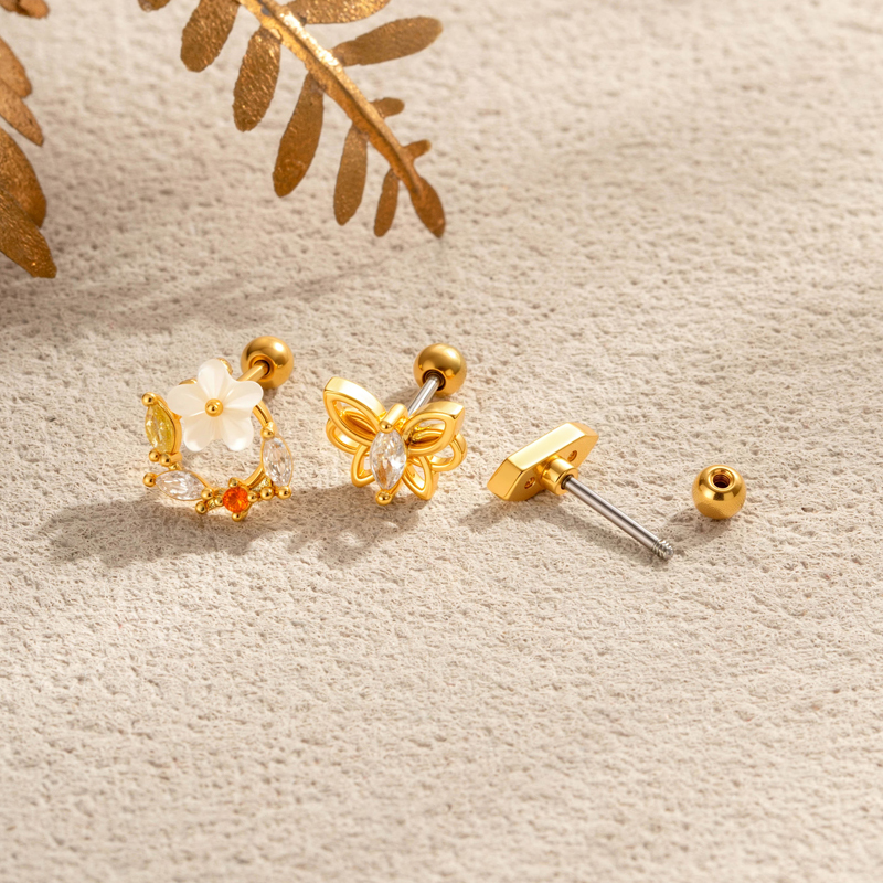 Boucles D'Oreilles Piercing Pour Femme, Collection Simple, Motif Fleur Et Papillon, Couleur Cuivre Doré Et Zircon. Image3