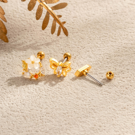 Boucles D'Oreilles Piercing Pour Femme, Collection Simple, Motif Fleur Et Papillon, Couleur Cuivre Doré Et Zircon. 2