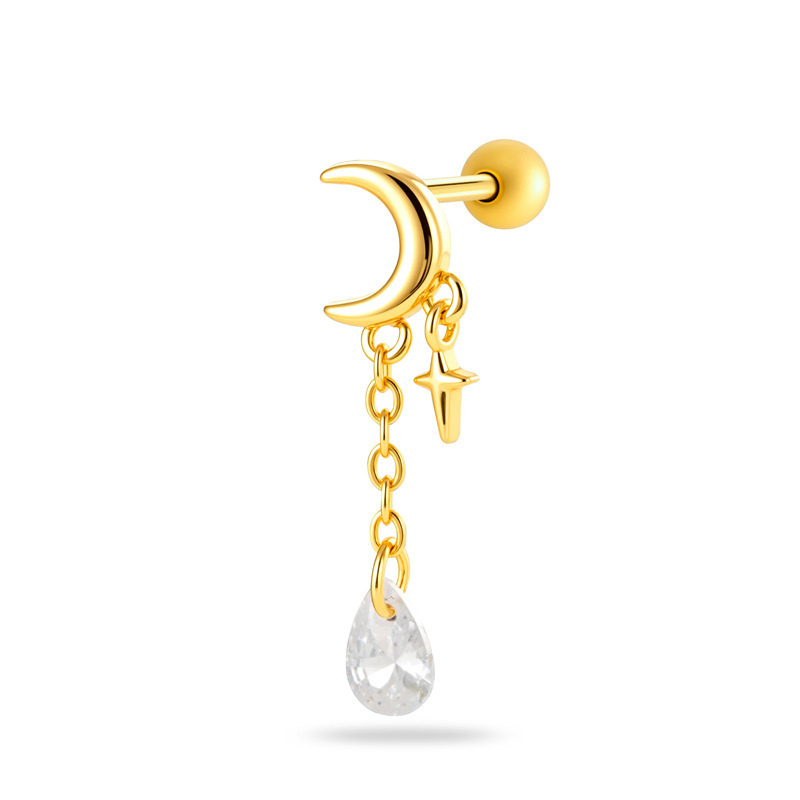 Boucles D'Oreilles Piercing Femme, Motif Fleur Simple, Triangle Et Lune, Zircon Couleur Cuivre Doré Image7