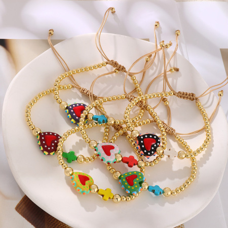 Bracelets tressés pour femmes Sweet Ceramics avec perles en cuivre en forme de cœur 2