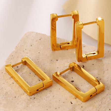 Boucles d'oreilles créoles rectangulaires pour femmes, en acier inoxydable étanche, couleur or. 2