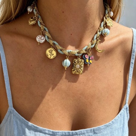 Colliers tressés rétro pour femmes, en acier inoxydable, couleur or, avec motif papillon et fleurs. 2