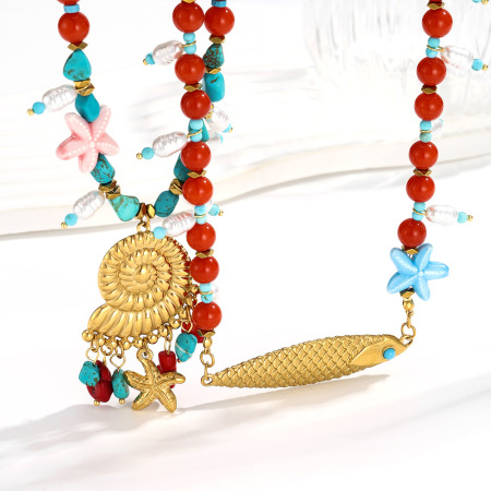 Colliers de perles luxueux pour femmes, en acier titane, couleur or, avec coquillages et étoiles de mer.