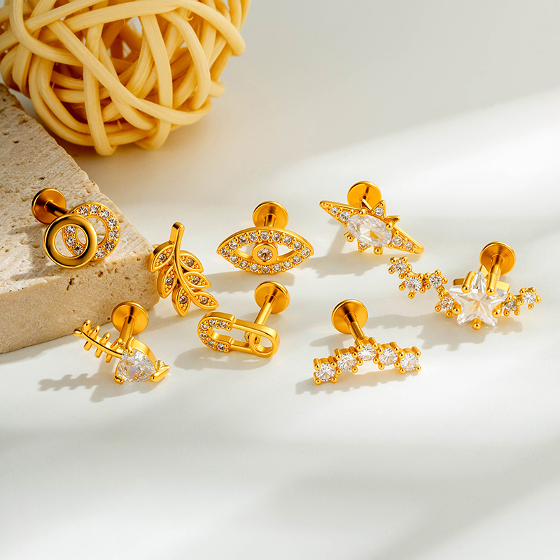 Boucles D'Oreilles Piercing Pour Femmes, Collection Simple, En Forme D'Étoile Et Feuille, Couleur Cuivre Doré Et Zircon. h5Image4