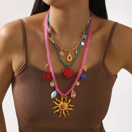 Colliers pendentifs pour femmes, collection romantique, en alliage doré, perles de soleil et coquillage, avec cœur et fil.