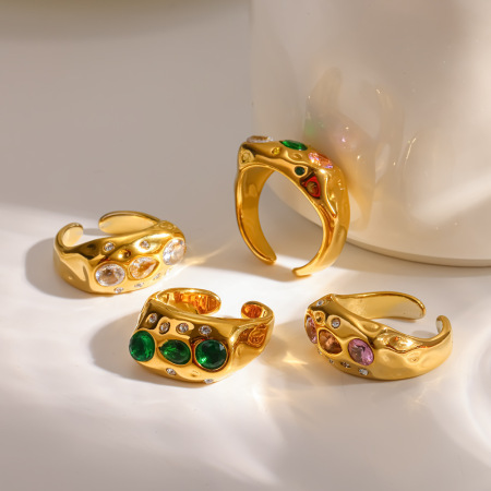 Bagues pour femmes luxueuses en acier inoxydable étanche couleur or avec strass et pierres précieuses
