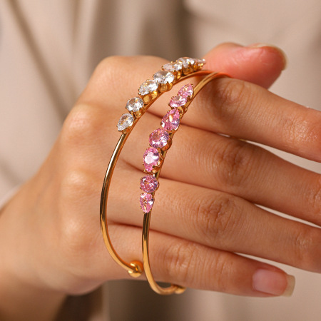 Bracelet jonc pour femme en acier inoxydable, forme simple elliptique, étanche, couleur or, zircon 2