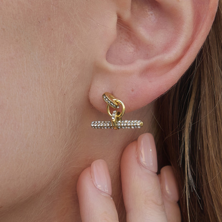 Boucles d'oreilles pendantes pour femmes, en acier inoxydable étanche, couleur or, en forme de T, ornées de strass.