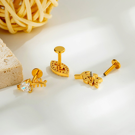 Boucles d'oreilles piercing pour femmes, collection Simple, en forme d'étoile et feuille, couleur cuivre doré et zircon. 2