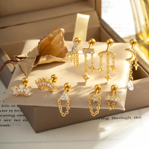 Boucles D'Oreilles Piercing Femme, Motif Fleur Simple, Triangle Et Lune, Zircon Couleur Cuivre Doré h5 Image4