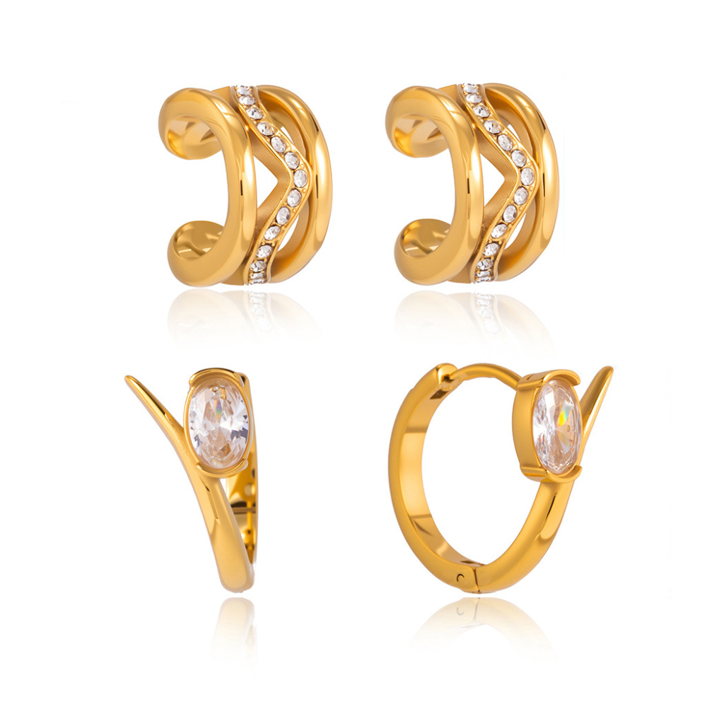 Boucles D'Oreilles Créoles Simples En Acier Inoxydable, Étanches, Couleur Or, Avec Zircon. Image5