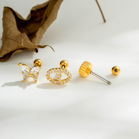 Boucles d'oreilles piercing pour femme, motif serpent et papillon, couleur cuivre doré et zircon, collection Simple 2