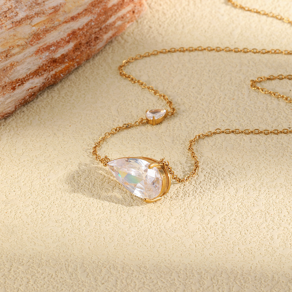 Colliers Pendentifs Pour Femmes En Acier Inoxydable Étanche Couleur Or Avec Zircon, Forme Goutte Simple Image2