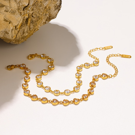 Bracelet chaîne femme luxueux et élégant en acier inoxydable, étanche, couleur or, orné de zircon et d'un cœur.