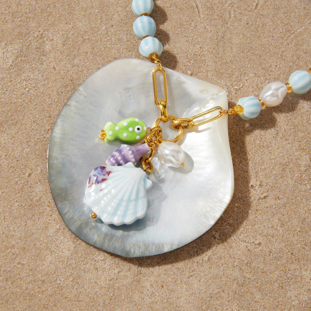 Colliers de perles en céramique pour femmes, en acier inoxydable, couleur or, motif coquillages de vacances 2
