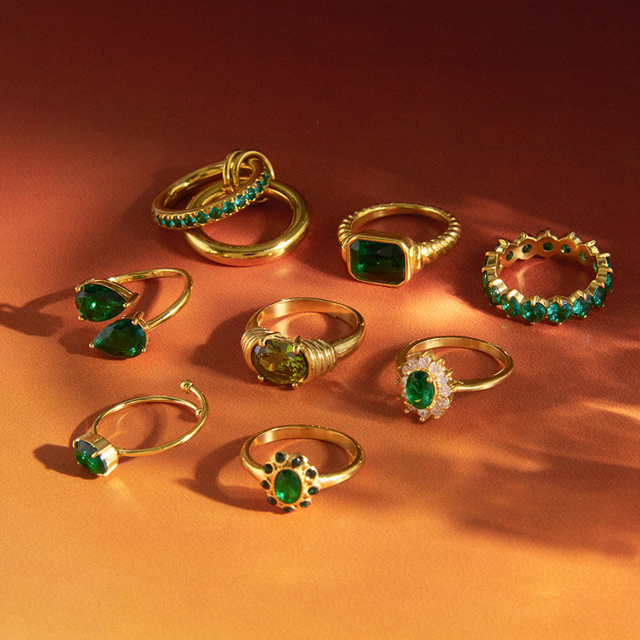 Bagues Pour Femmes Luxueuses, Style Rétro, Rectangulaires Et Elliptiques, En Acier Inoxydable Étanche, Couleur Or, Serties De Zircon. Image2