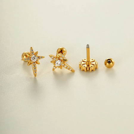 Boucles d'oreilles piercing pour femme, motif floral simple, couleur cuivre doré et zircon. 2