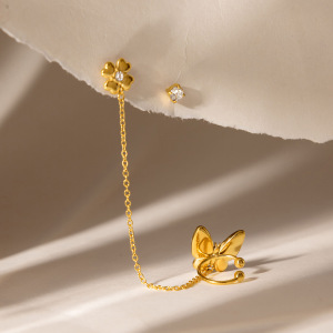 Boucles D'Oreilles Papillon À Pompon Doux En Acier Inoxydable Étanche Couleur Or Avec Zircon Pour Femmes h5 Image3