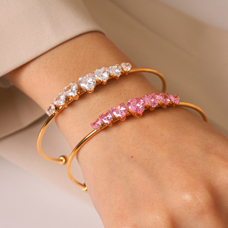 Bracelet jonc pour femme Simple Series Daily Heart Ellipse Shape en acier inoxydable, couleur or, avec zircon, étanche