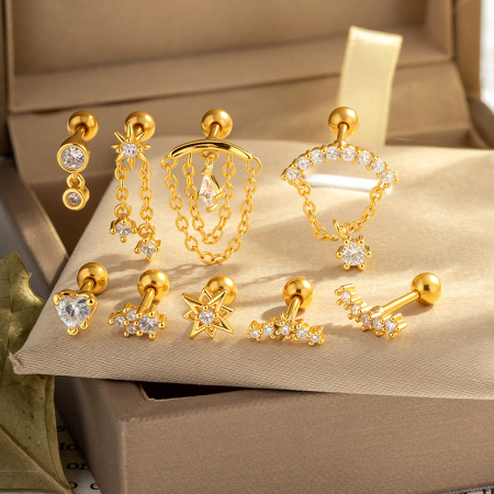 Boucles d'oreilles piercing femme en forme de cœur, couleur cuivre doré, avec zircon.