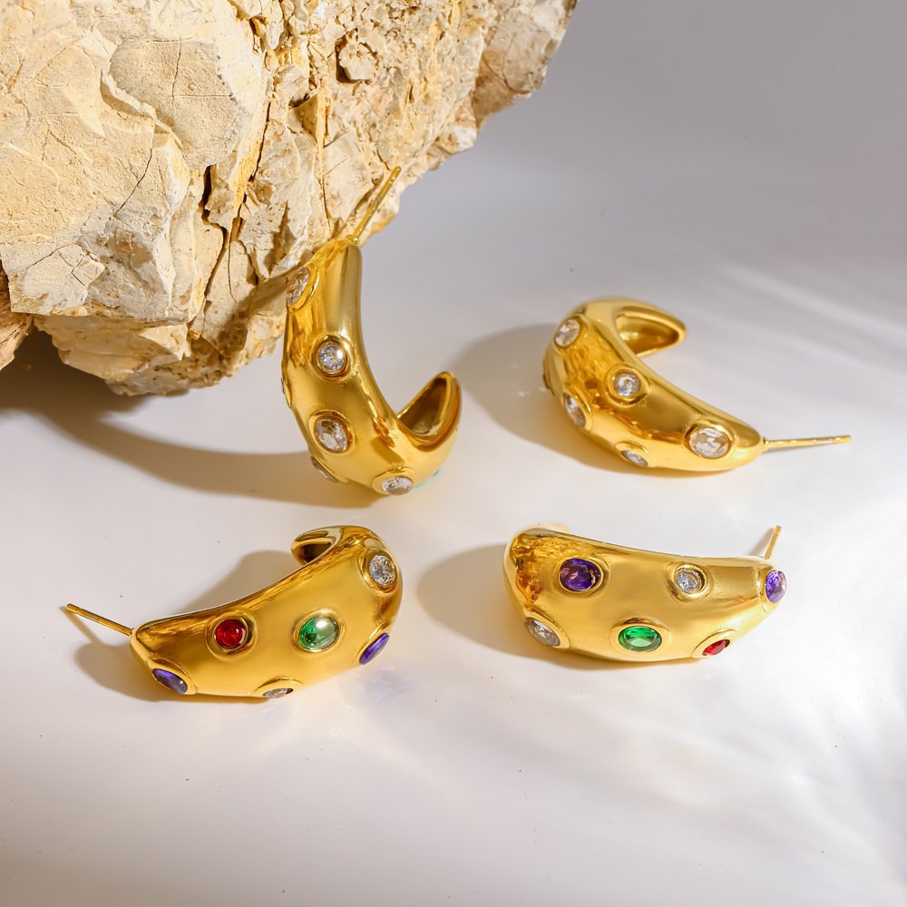 Boucles D'Oreilles Puces Pour Femmes, En Acier Inoxydable Imperméable, Couleur Or, Forme Simple En C, Ornées De Strass. Image3