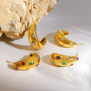 Boucles D'Oreilles Puces Pour Femmes, En Acier Inoxydable Imperméable, Couleur Or, Forme Simple En C, Ornées De Strass. h5 Image3