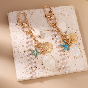 Porte-Clés Romantique Et Décontracté Style Océanique, Chaîne En Perles, Coquillage, Étoile De Mer Et Métal. h5 Image3