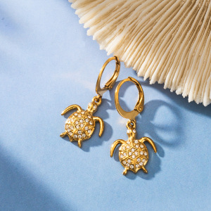Boucles D'Oreilles Pendantes Pour Femme, Style Océanique, En Acier Inoxydable, Étanches, Couleur Or, Avec Zircon, Motif Tortue Mignonne h5 Image2