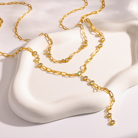 Colliers pendentifs pour femmes en acier inoxydable doré, forme géométrique classique, étanches, avec zircon. 2