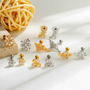 Boucles D'Oreilles Piercing Femme, Motif Papillon Et Fleur Simple, Couleur Cuivre Doré, Zircon. h5 Image6