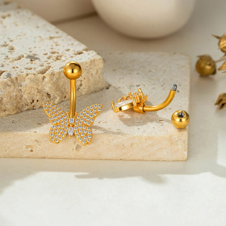 Piercings de nombril simples en zircon couleur cuivre et or, motif fleur, cœur et papillon 2