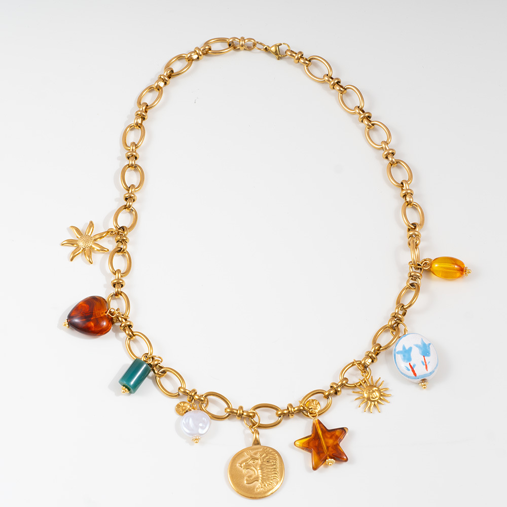 Colliers Pendentifs Pour Femmes En Forme De Goutte D'Eau, Cœur Irrégulier, Acier Titane Couleur Or, Pierre Naturelle Et Acrylique h5Image3