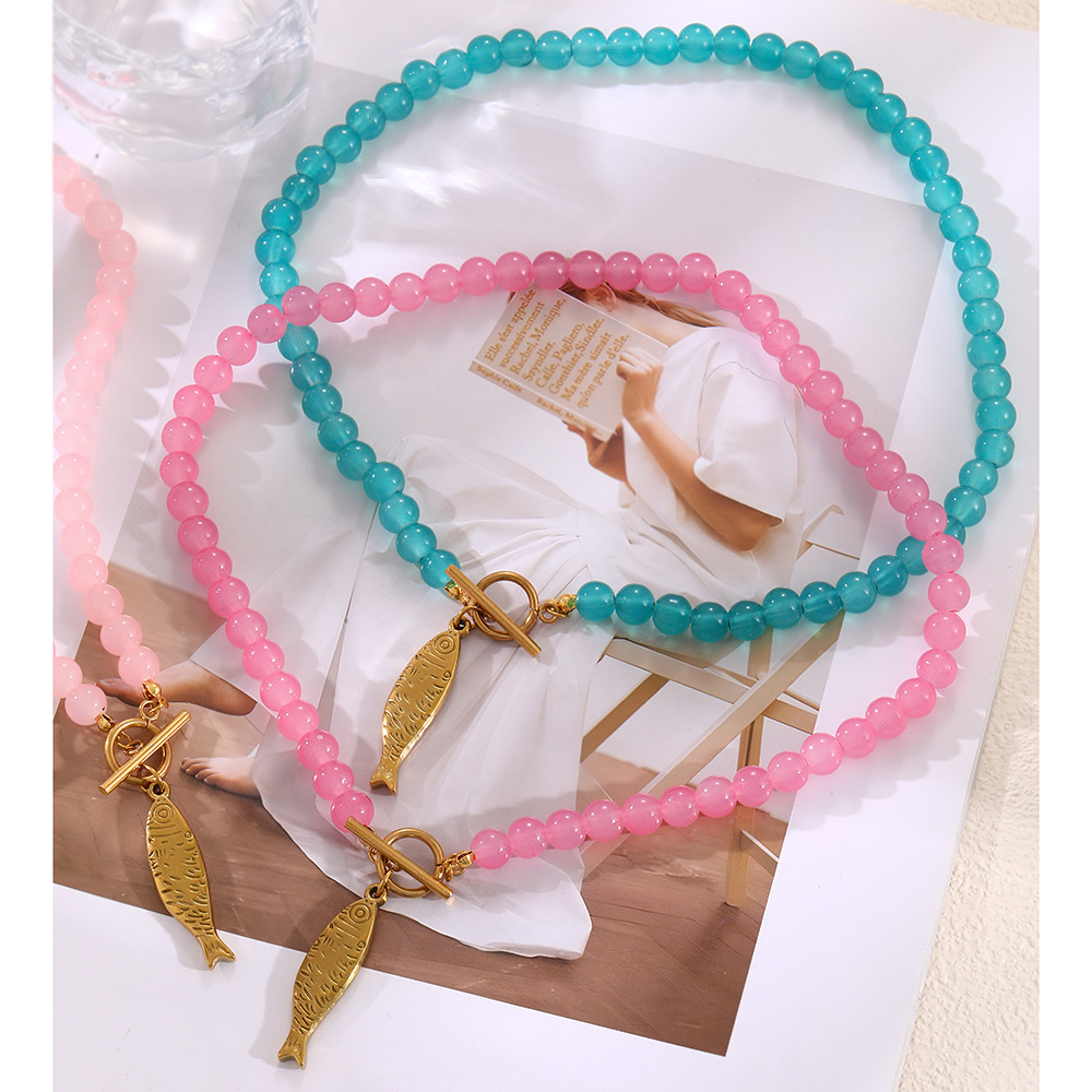 Colliers De Perles Pour Femmes Avec Pendentif Poisson En Acier Inoxydable Et Perles De Verre De Vacances Image3