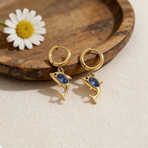 Boucles D'Oreilles Pendantes Pour Femme, Style Océanique, En Acier Inoxydable Étanche, Couleur Or, Motif Dauphin, Zircon. h5 Image3
