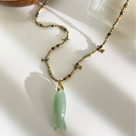 Colliers de perles pour femmes, en acier inoxydable, couleur or, motif poisson et perles de vacances 2