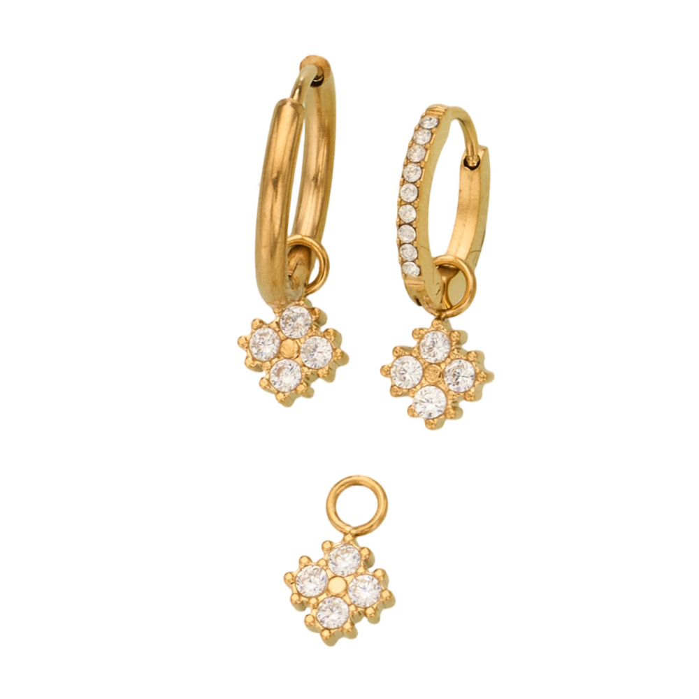 Boucles D'Oreilles Créoles Pour Femmes, En Acier Inoxydable, Étanches, Couleur Or, Ornées De Zircon Et Représentant Une Fleur Simple. Image5