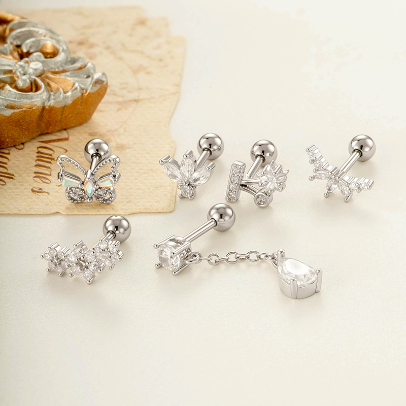 Boucles D'Oreilles Piercing Femme, Motif Fleur Simple, Étoile Et Papillon, Couleur Cuivre Doré Et Zircon. h5Image5