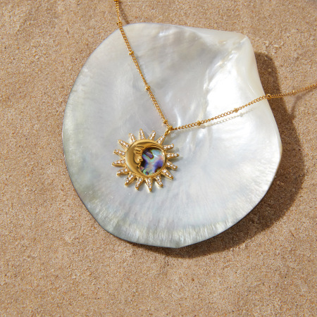 Colliers pendentifs rétro soleil et lune en acier inoxydable, couleur or, avec strass et coquillage 2