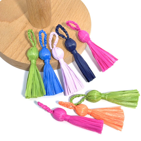 Breloques de sac en raphia tissé à pompons, couleur unie, de la série ethnique
