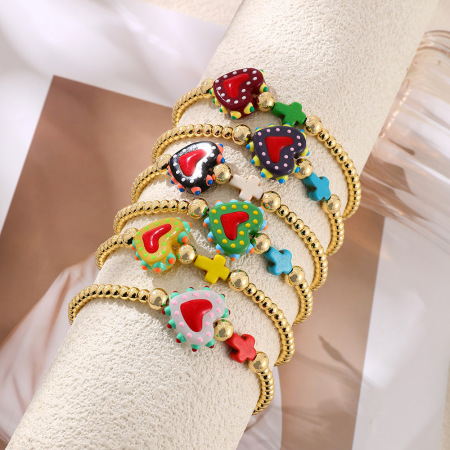 Bracelets tressés pour femmes Sweet Ceramics avec perles en cuivre en forme de cœur