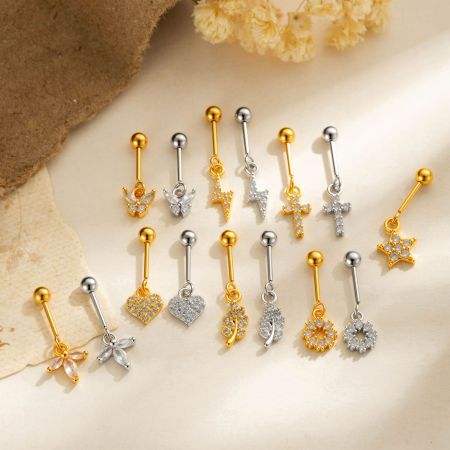 Boucles d'oreilles piercing femme, forme simple cœur, croix, étoile, feuille, papillon, zircon couleur cuivre doré 2