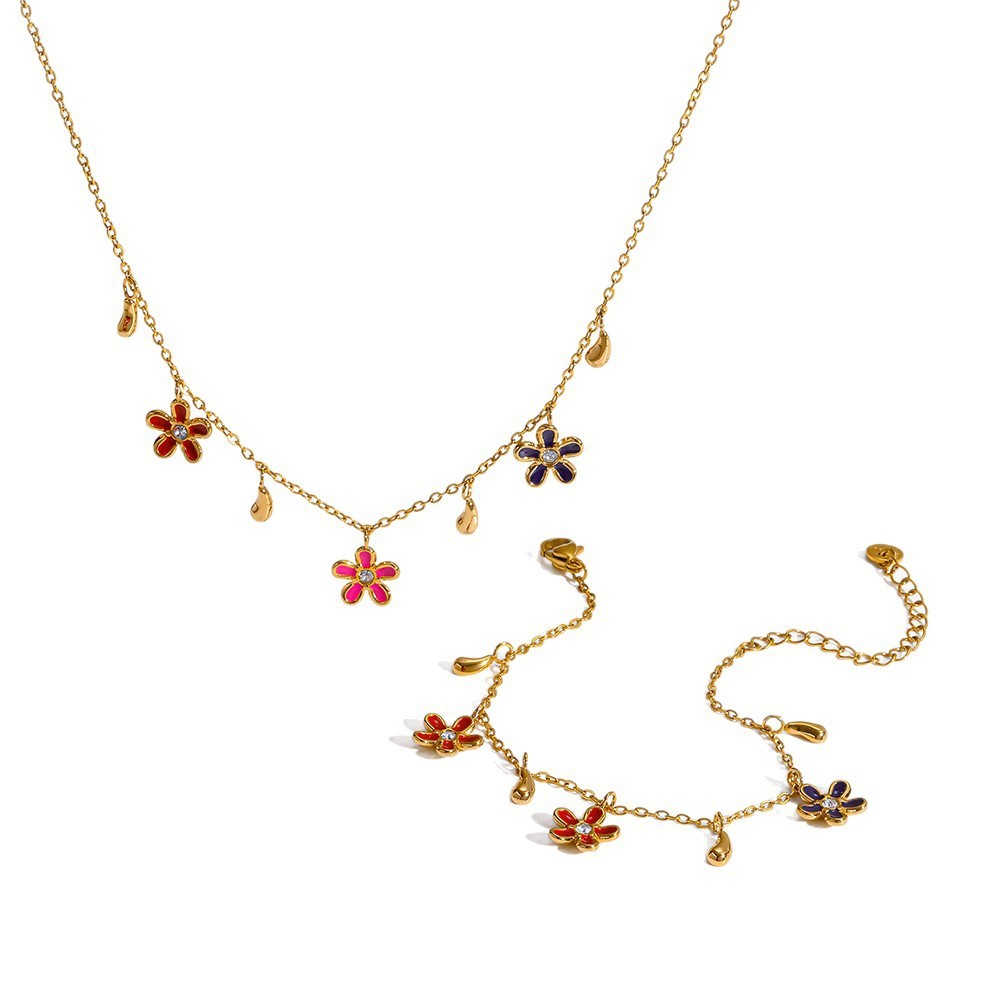 Ensembles De Bijoux Pour Femmes Élégants En Acier Inoxydable Doré, Ornés De Zircon Et De Fleurs, De La Série Romantique Image4
