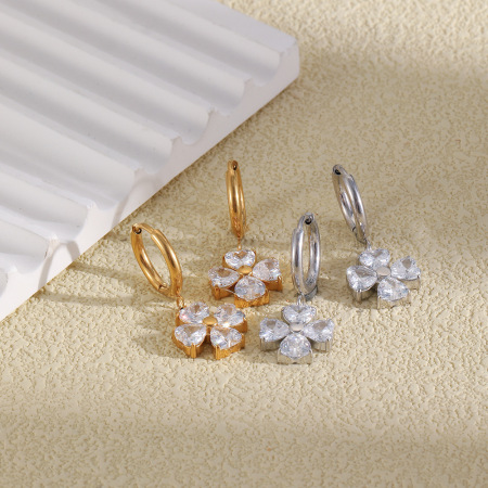 Boucles d'oreilles pendantes pour femme en acier inoxydable, couleur or, ornées de zircon et de trèfle 2