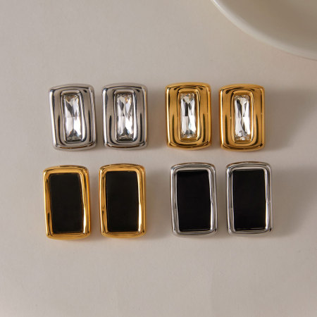Boucles d'oreilles puces rectangulaires simples en acier inoxydable étanche couleur or avec zircon pour femmes