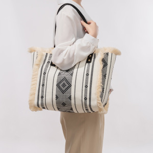 Sac Cabas Femme En Toile À Pompons Géométriques Style Décontracté h5 Image2