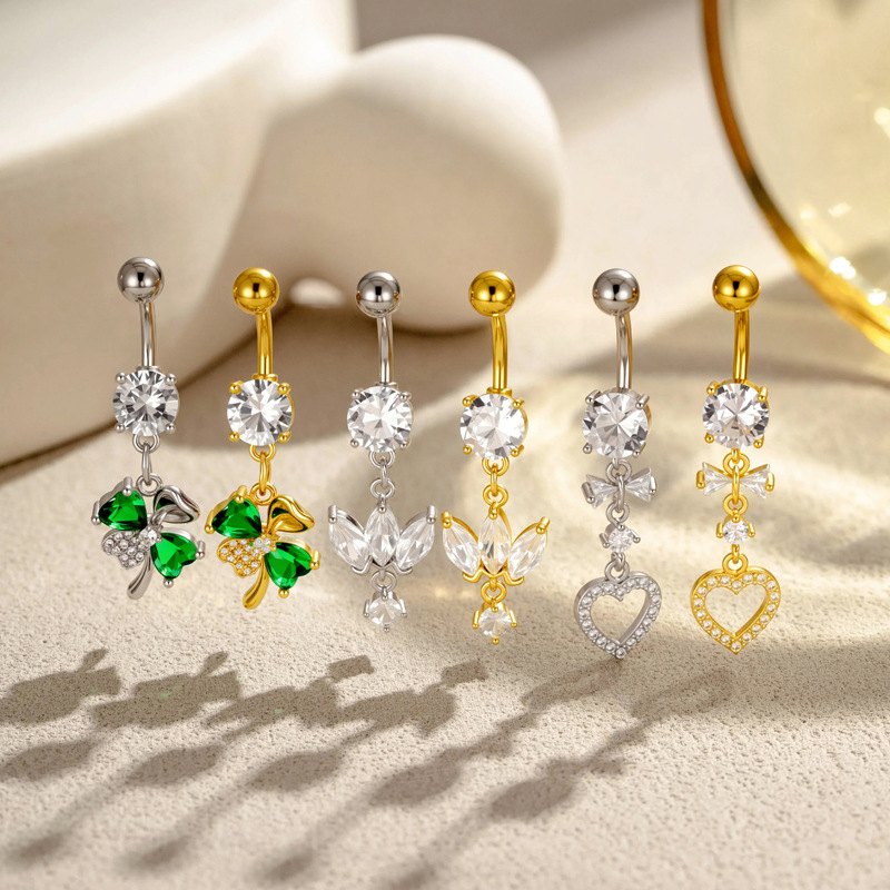 Piercing Nombril De Luxe En Forme De Cœur Et De Feuille, Couleur Cuivre Et Or, Avec Zircon. h5Image6